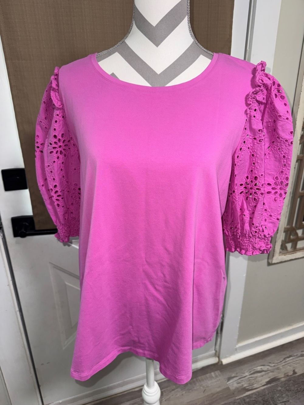 Chico’s Women's Eyelet Puff Sleeve Top - Pink Size 3 (XL)